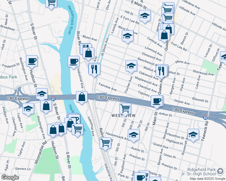map of restaurants, bars, coffee shops, grocery stores, and more near 10 Palisade Avenue in Bogota