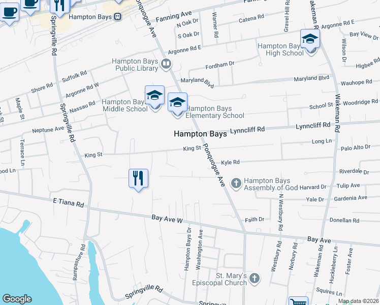 map of restaurants, bars, coffee shops, grocery stores, and more near 7 King Street in Hampton Bays
