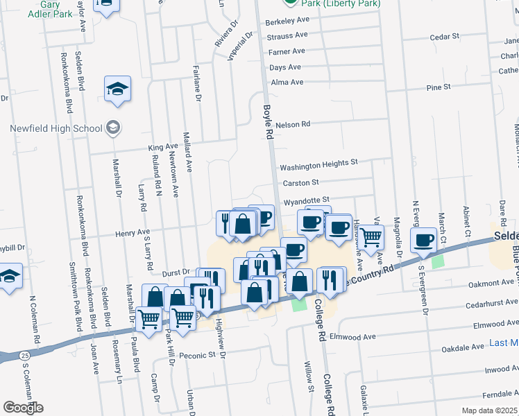 map of restaurants, bars, coffee shops, grocery stores, and more near 8 Village Lane in Selden