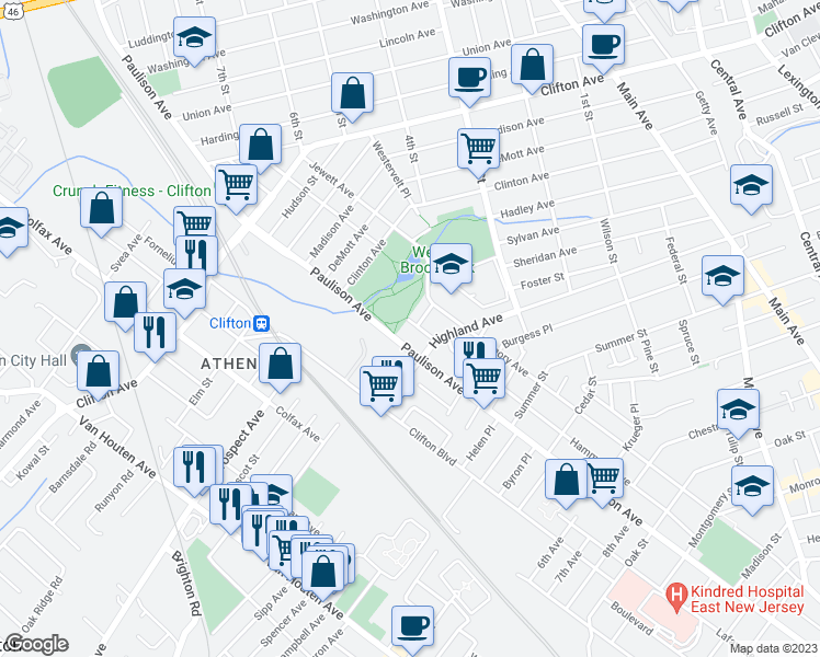 map of restaurants, bars, coffee shops, grocery stores, and more near 23 Parkview Terrace in Clifton