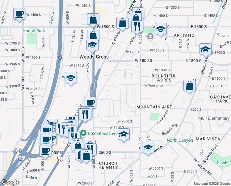 map of restaurants, bars, coffee shops, grocery stores, and more near 2095 South Main Street in Bountiful
