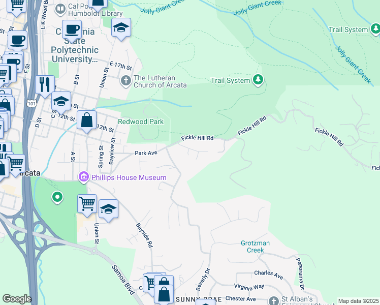 map of restaurants, bars, coffee shops, grocery stores, and more near 741 Park Avenue in Arcata