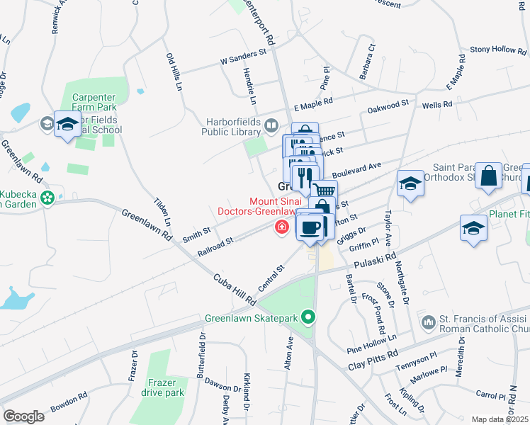 map of restaurants, bars, coffee shops, grocery stores, and more near 37 Railroad Street in Greenlawn