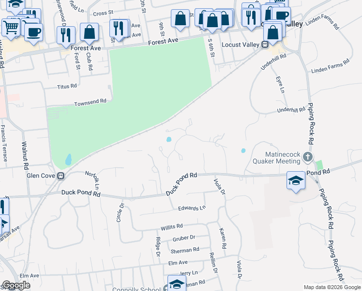 map of restaurants, bars, coffee shops, grocery stores, and more near 24 Matinecock Farms Road in Glen Cove
