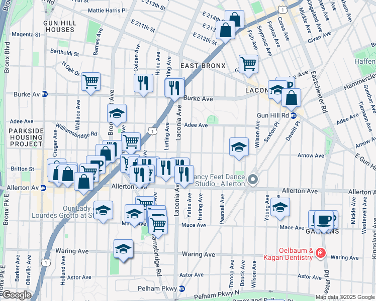 map of restaurants, bars, coffee shops, grocery stores, and more near 1100 Arnow Avenue in Bronx