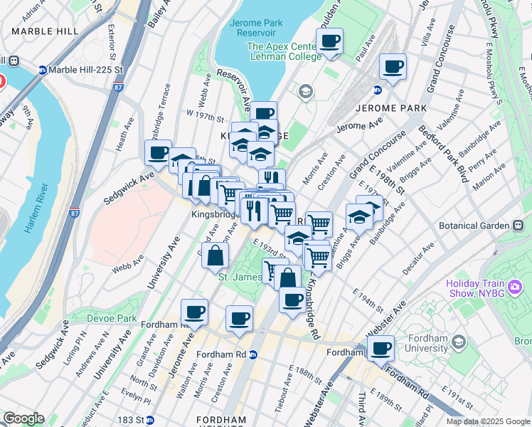 map of restaurants, bars, coffee shops, grocery stores, and more near 6 West Kingsbridge Road in The Bronx