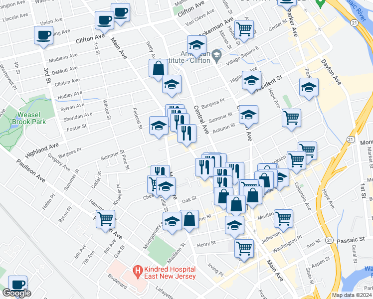 map of restaurants, bars, coffee shops, grocery stores, and more near 408 Harrison Street in Passaic