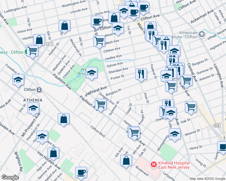 map of restaurants, bars, coffee shops, grocery stores, and more near 310 Burgess Place in Clifton