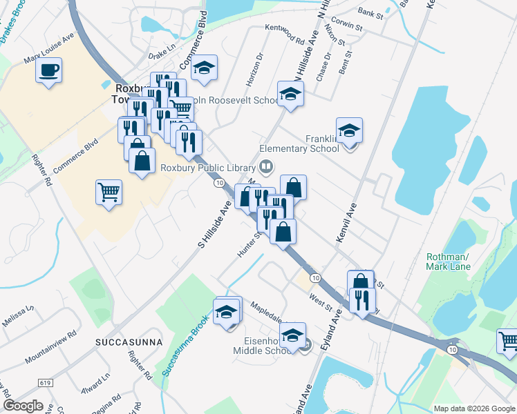 map of restaurants, bars, coffee shops, grocery stores, and more near 4 Hunter Street in Roxbury Township