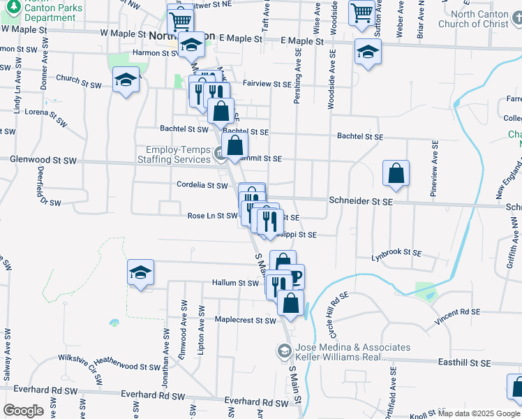 map of restaurants, bars, coffee shops, grocery stores, and more near 209 Rose Lane Street Southeast in North Canton