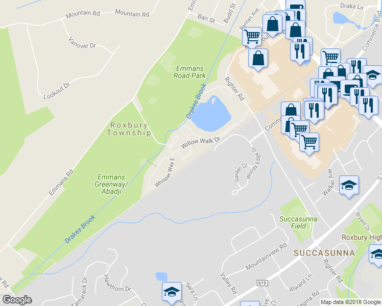 map of restaurants, bars, coffee shops, grocery stores, and more near 66 Autumn Court in Roxbury Township