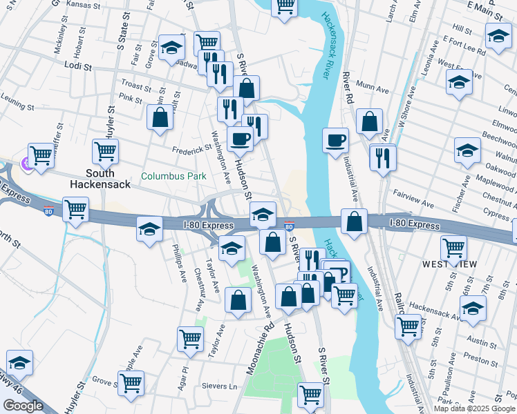map of restaurants, bars, coffee shops, grocery stores, and more near 347 Hudson Street in Hackensack