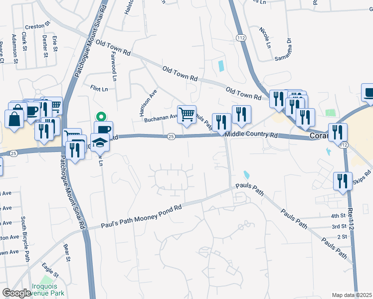 map of restaurants, bars, coffee shops, grocery stores, and more near 550 Middle Country Road in Coram