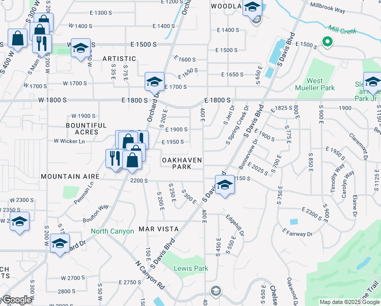 map of restaurants, bars, coffee shops, grocery stores, and more near 295 East 2050 South in Bountiful