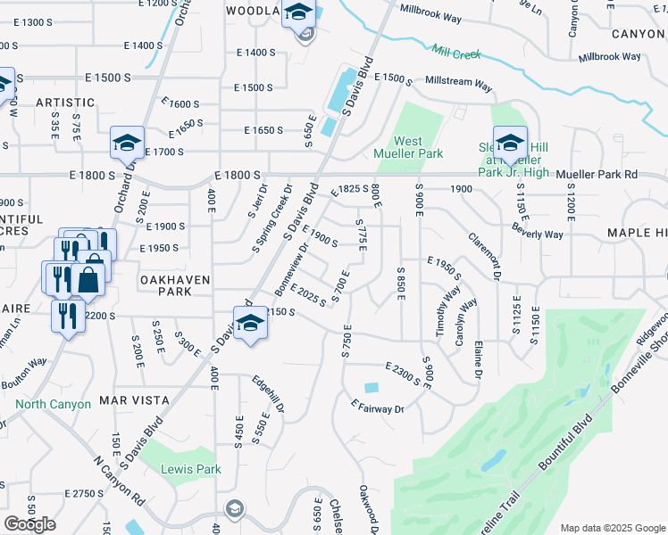 map of restaurants, bars, coffee shops, grocery stores, and more near 1961 South 675 East in Bountiful