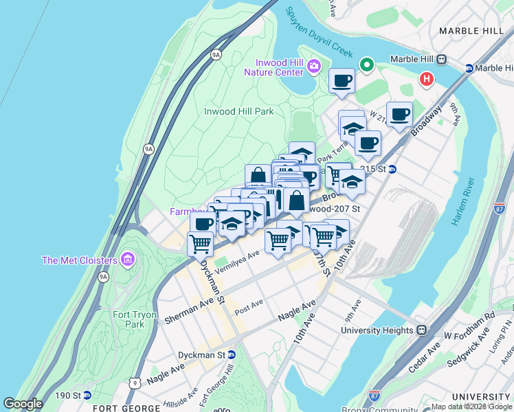 map of restaurants, bars, coffee shops, grocery stores, and more near W 204th St & Cooper St in New York