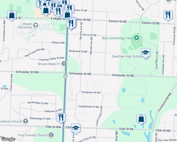 map of restaurants, bars, coffee shops, grocery stores, and more near 1015 Schneider Street Northeast in Canton