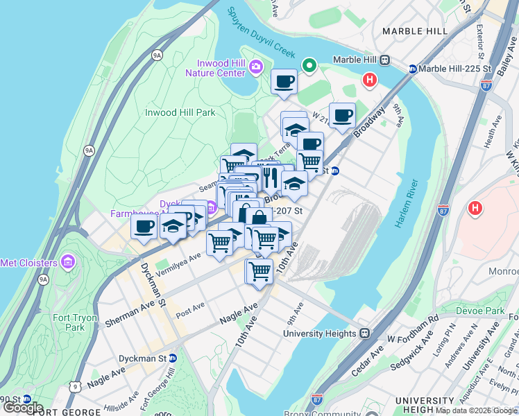 map of restaurants, bars, coffee shops, grocery stores, and more near 588 Isham Street in New York
