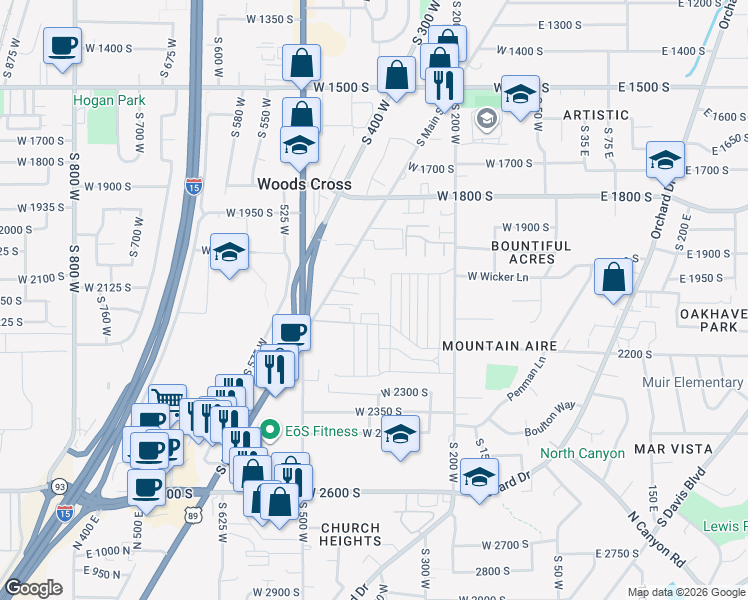 map of restaurants, bars, coffee shops, grocery stores, and more near 2095 South Main Street in Bountiful
