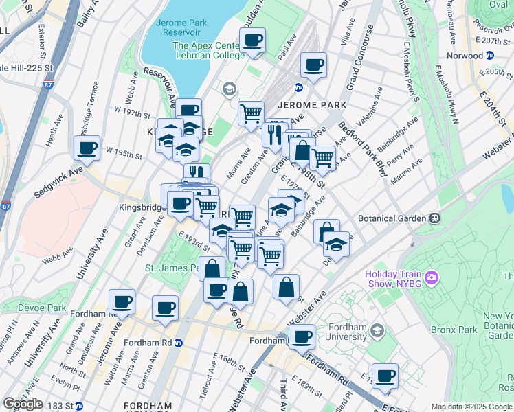 map of restaurants, bars, coffee shops, grocery stores, and more near East 196th Street in Bronx