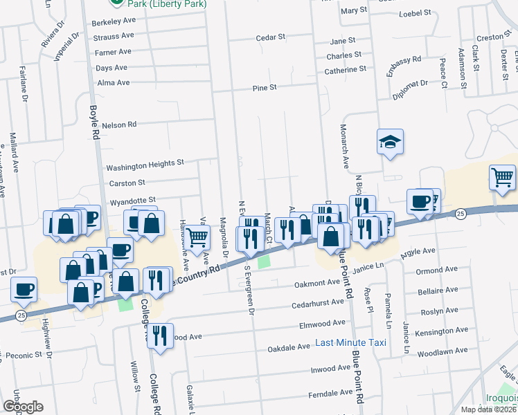 map of restaurants, bars, coffee shops, grocery stores, and more near 41 North Evergreen Drive in Selden
