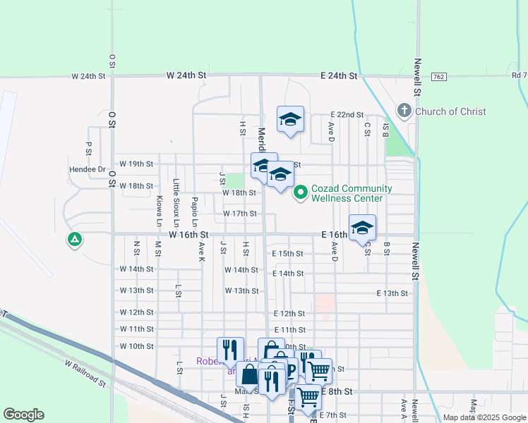 map of restaurants, bars, coffee shops, grocery stores, and more near 1710 Meridian Avenue in Cozad