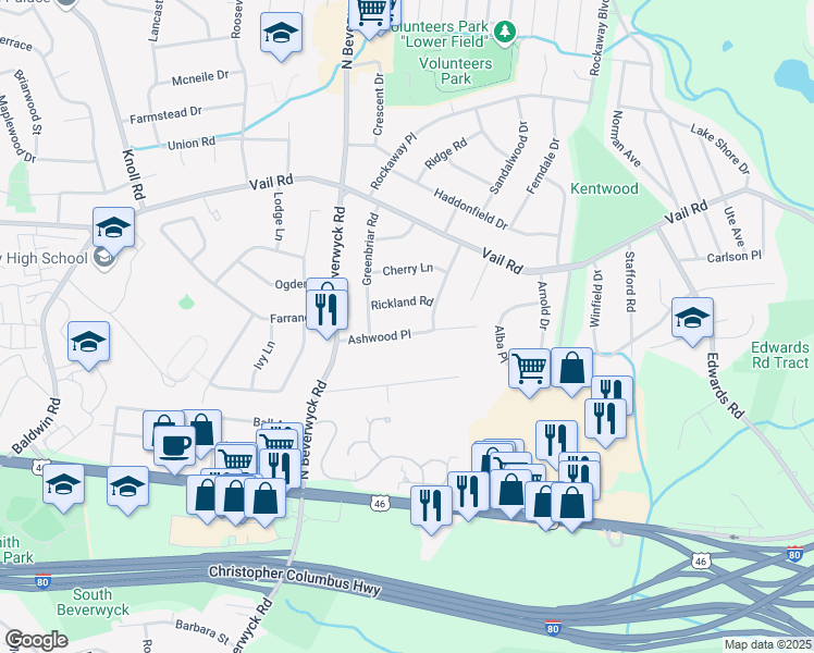 map of restaurants, bars, coffee shops, grocery stores, and more near 9 Ashwood Place in Parsippany-Troy Hills