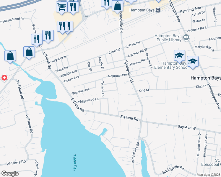 map of restaurants, bars, coffee shops, grocery stores, and more near 8 Beth Lane in Hampton Bays