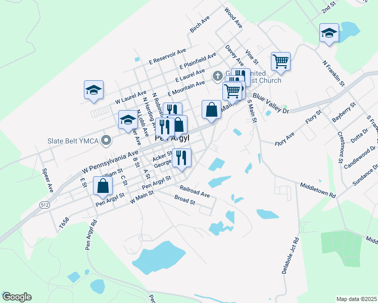 map of restaurants, bars, coffee shops, grocery stores, and more near 113 South Schanck Avenue in Pen Argyl