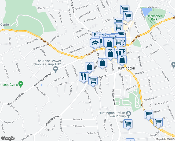 map of restaurants, bars, coffee shops, grocery stores, and more near 40 Hillside Avenue in Huntington
