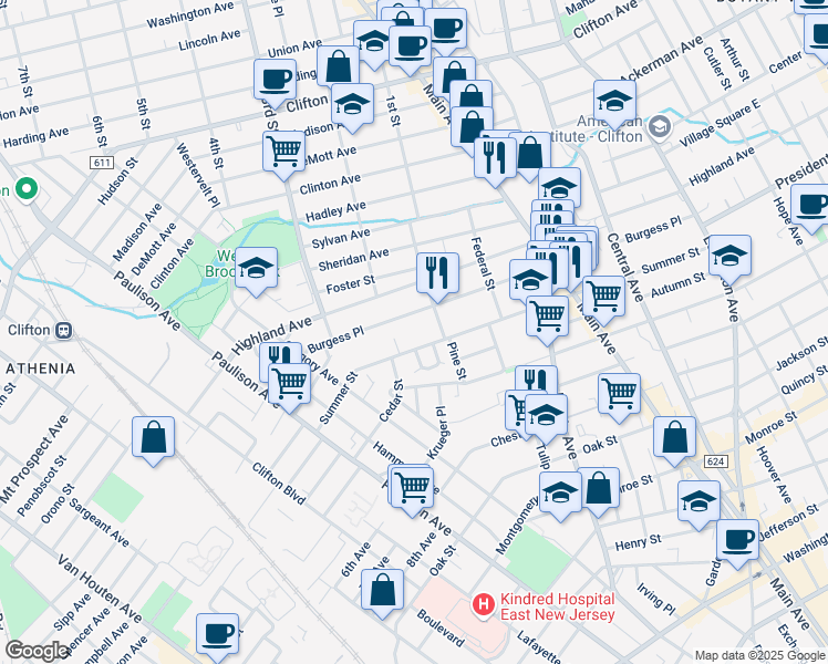 map of restaurants, bars, coffee shops, grocery stores, and more near 235 Burgess Place in Passaic