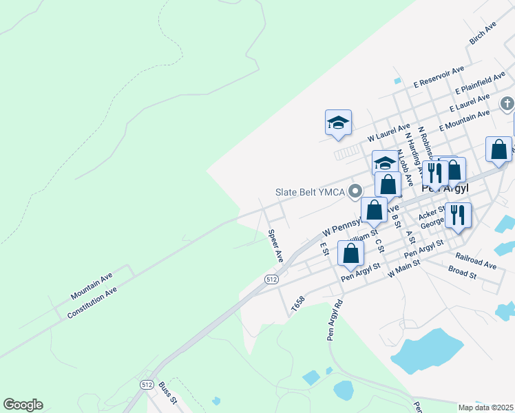 map of restaurants, bars, coffee shops, grocery stores, and more near 819 Constitution Avenue in Pen Argyl