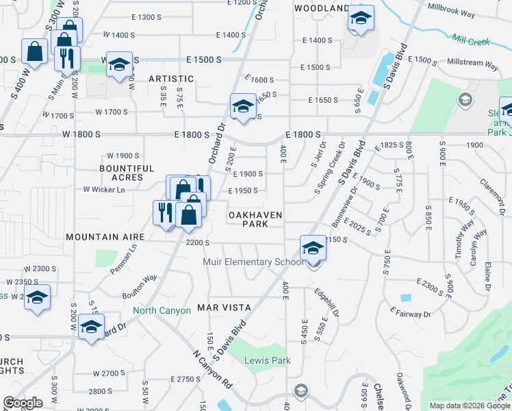 map of restaurants, bars, coffee shops, grocery stores, and more near 295 East 2050 South in Bountiful