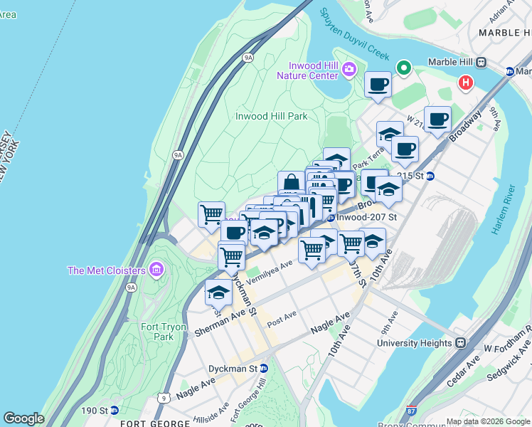 map of restaurants, bars, coffee shops, grocery stores, and more near 77 Seaman Avenue in New York