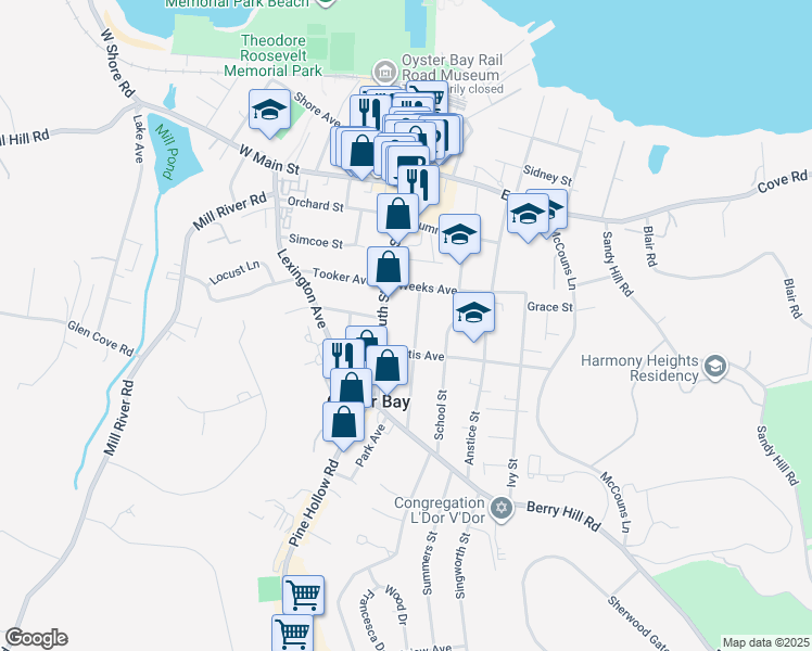 map of restaurants, bars, coffee shops, grocery stores, and more near 255 South Street in Oyster Bay