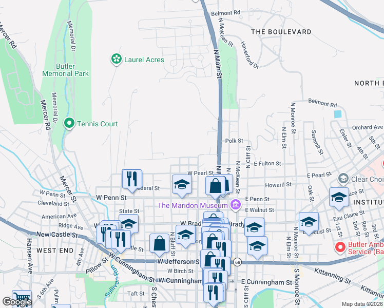 map of restaurants, bars, coffee shops, grocery stores, and more near 219 West Fulton Street in Butler