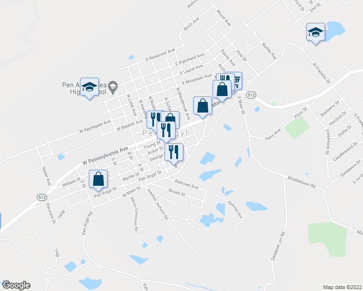 map of restaurants, bars, coffee shops, grocery stores, and more near 113 South Schanck Avenue in Pen Argyl