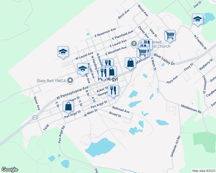 map of restaurants, bars, coffee shops, grocery stores, and more near 15 George Street in Pen Argyl