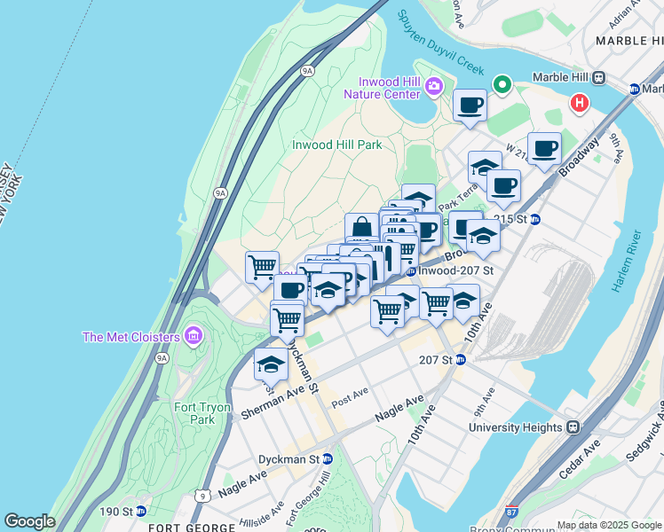 map of restaurants, bars, coffee shops, grocery stores, and more near 79 Seaman Avenue in New York