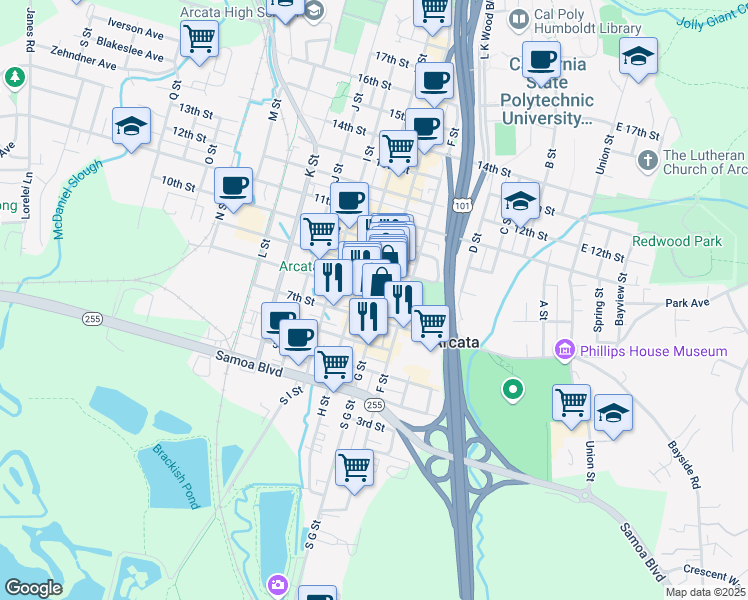 map of restaurants, bars, coffee shops, grocery stores, and more near 791 G Street in Arcata