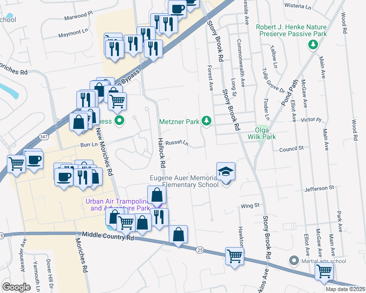 map of restaurants, bars, coffee shops, grocery stores, and more near 10 Russet Lane in Lake Grove