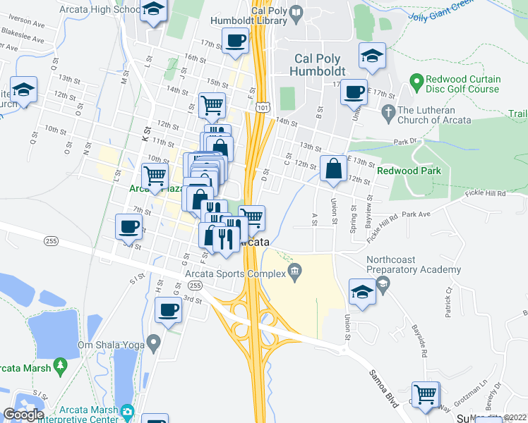 map of restaurants, bars, coffee shops, grocery stores, and more near 333 9th Street in Arcata