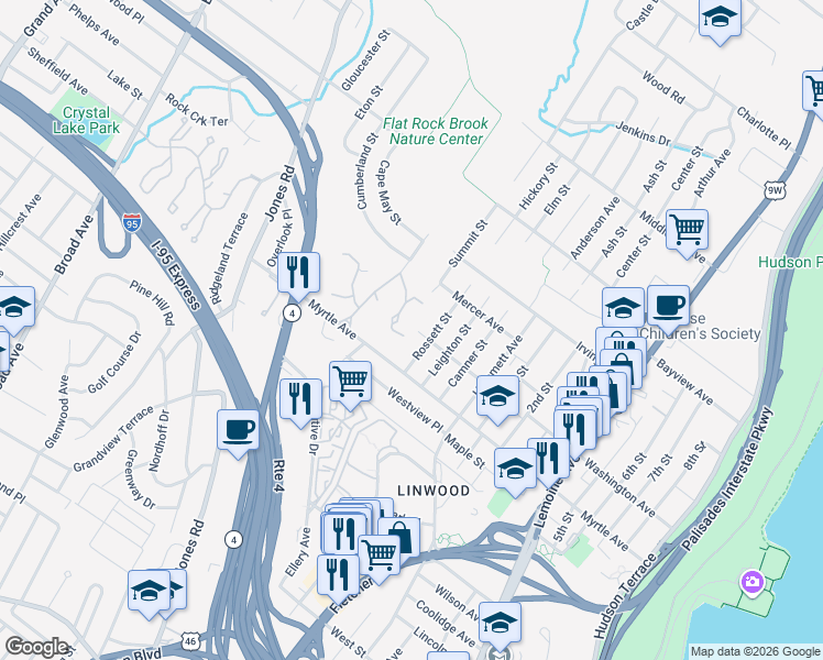 map of restaurants, bars, coffee shops, grocery stores, and more near 2455 Rossett Street in Fort Lee