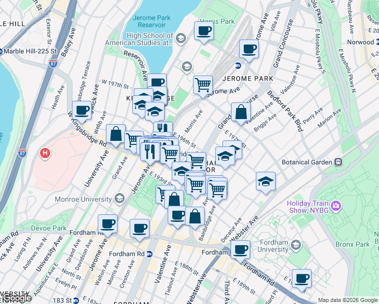 map of restaurants, bars, coffee shops, grocery stores, and more near 2702 Creston Avenue in Bronx