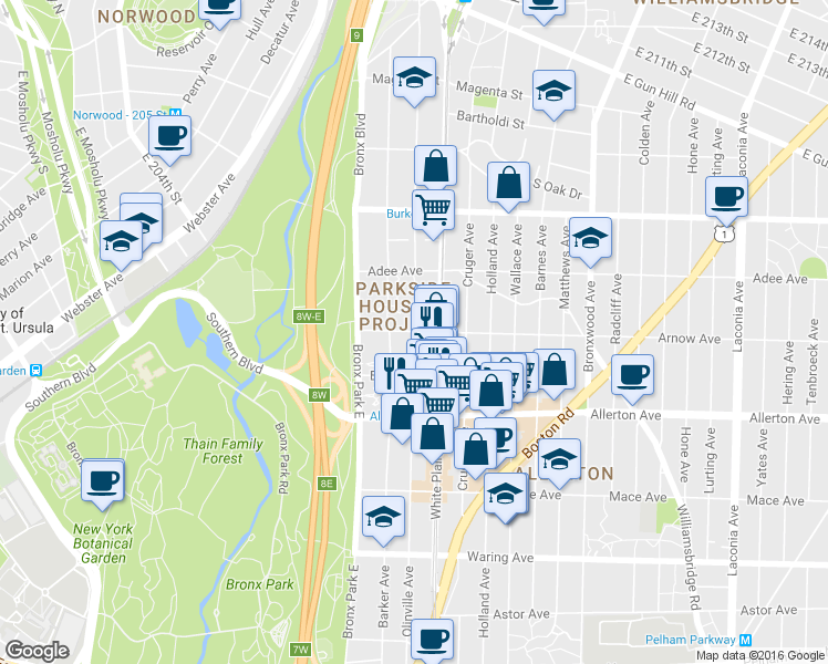 map of restaurants, bars, coffee shops, grocery stores, and more near 2940 Olinville Avenue in Bronx