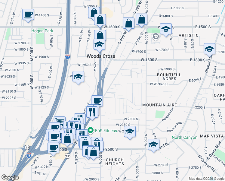 map of restaurants, bars, coffee shops, grocery stores, and more near 2135 South Main Street in Bountiful