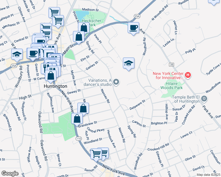 map of restaurants, bars, coffee shops, grocery stores, and more near 189 Spring Road in Huntington