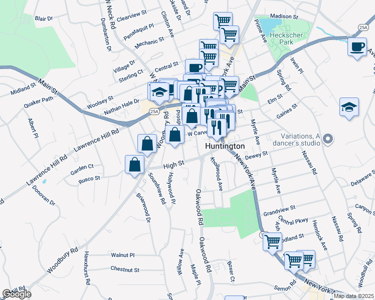 map of restaurants, bars, coffee shops, grocery stores, and more near 83 Prospect Street in Huntington