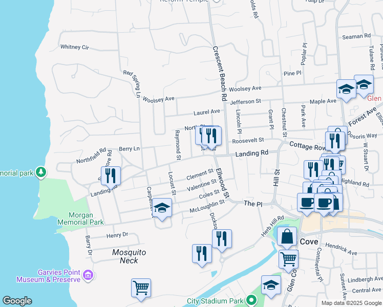 map of restaurants, bars, coffee shops, grocery stores, and more near 75 Landing Road in Glen Cove