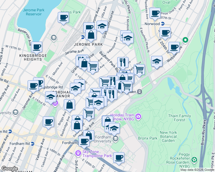map of restaurants, bars, coffee shops, grocery stores, and more near in The Bronx